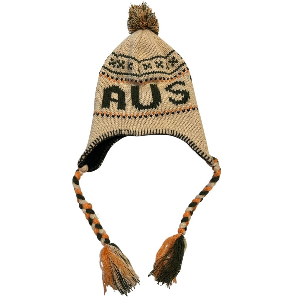 Y2K Robin Ruth Austria Knit Trapper Beanie Ear Flap Hat Pom Pom